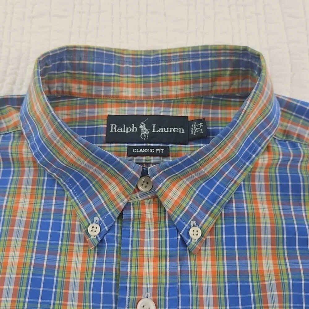 Ralph Lauren Classic Fit Shirt Men's 17 1/2 - 34/35 Blue Orange Plaid EUC Luxe‎